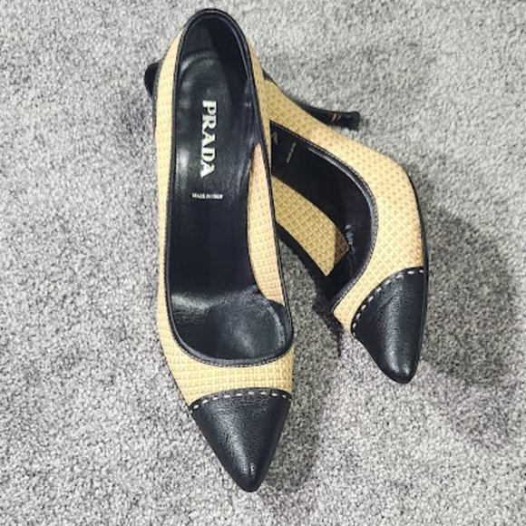 SOLD Prada Black Leather Raffia Cap Toe Pump Heels Sz 39 - Picture 7 of 15